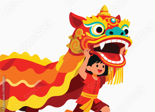 Cute Kid Performing Lion Dance Illustration