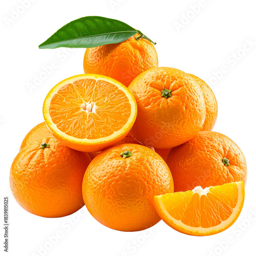 Vibrant Orange Abundance: A delightful arrangement of ripe, juicy oranges, some whole and others sliced, showcases their bright, inviting color and fresh, zesty appeal.