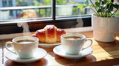 Wallpaper Mural Two steaming cups of coffee and a golden croissant set near a sunny window with a houseplant Torontodigital.ca