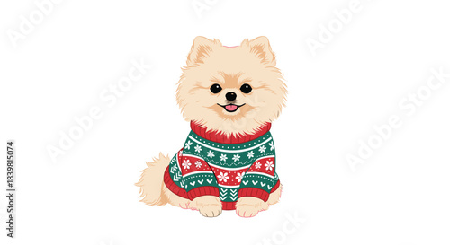 Cute Pomeranian dog wearing a festive Christmas sweater with snowflake patterns, smiling happily against a white background.