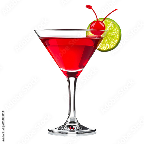 Elegant Cocktail: A vibrant, ruby-red cocktail, beautifully presented in a classic glass, garnished with a ripe cherry and a slice of lime, exuding sophistication and refreshment.