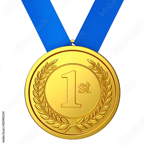 Golden Medal of Honor: An exquisite golden medal, symbolizing first place victory, is elegantly displayed with a royal blue ribbon, representing the pinnacle of accomplishment and glory.