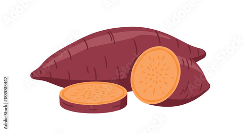 A vibrant illustration showcasing whole and sliced sweet potatoes with purple skin and orange flesh, isolated on a white background.