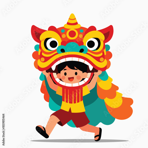 Cute Kid Performing Lion Dance Illustration