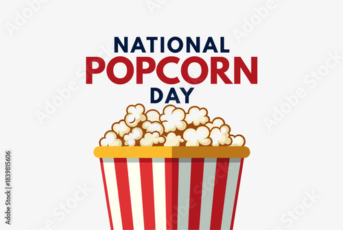 An illustration celebrating National Popcorn Day with a classic red and white striped bucket overflowing with fluffy popcorn.