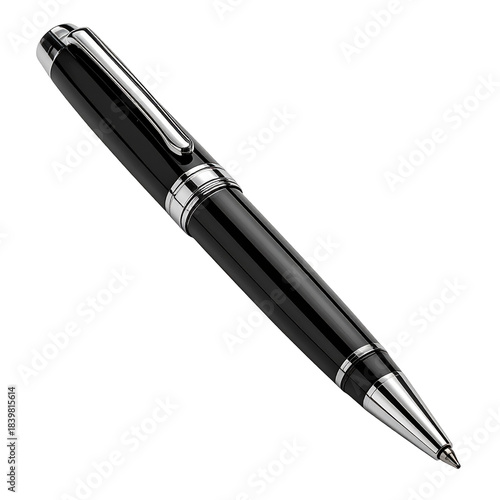 Elegant Pen: A close-up shot of a sophisticated writing instrument, a sleek black pen with silver accents. Its design showcases timeless elegance and precision.