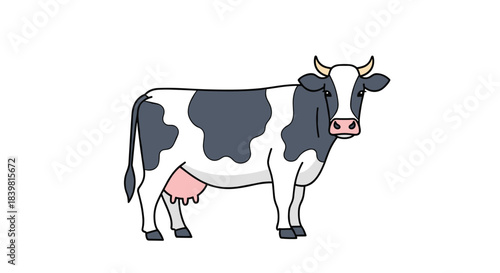 A cartoon illustration of a black and white Holstein dairy cow standing facing right with a full udder on a white background.