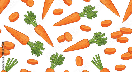 Seamless pattern of fresh, crisp orange carrots with green tops and round slices, ideal for healthy eating, cooking, and vegetable-themed designs.