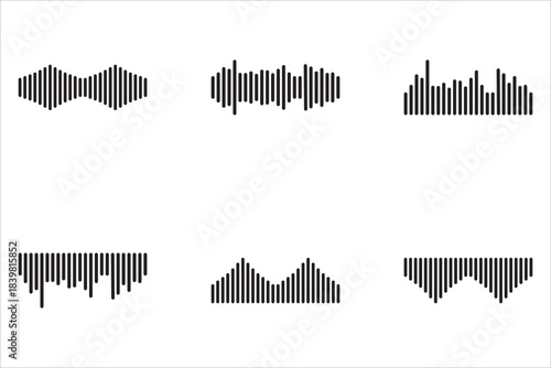icon set Podcast sound waves and audio sound waves from voice message recordings, vector icons. Music player sound waves and mobile phone voice message sound waves.
