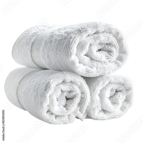Cozy Rolled Towels: Fluffy, white towels rolled and stacked, offering a sense of comfort and cleanliness.