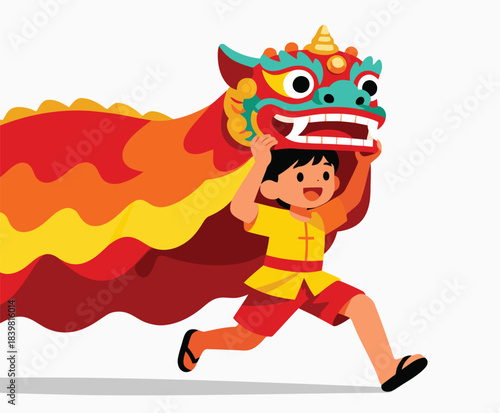 Cute Kid Performing Lion Dance Illustration