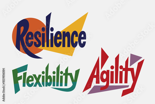 Stylized text art featuring the words Resilience, Flexibility, and Agility in vibrant colors and unique fonts, representing key human or business attributes.