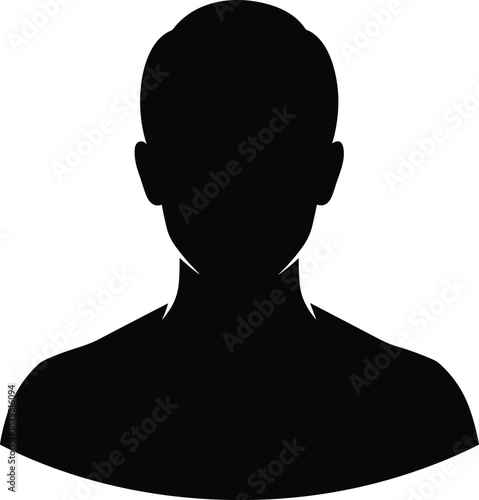 Black silhouette of male upper body on white background for profile placeholder, anonymity concept, avatar, and vector design use.