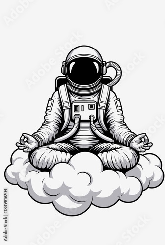 Astronaut meditating in lotus position on a cloud, a serene black and white space-themed illustration.