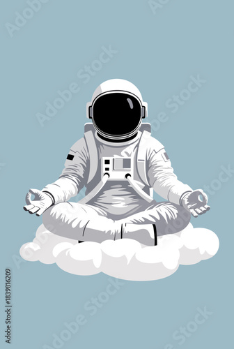 Astronaut meditating in a serene lotus position on a fluffy white cloud against a tranquil light blue background, symbolizing peace and cosmic tranquility.