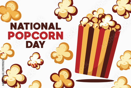 A vibrant illustration celebrating National Popcorn Day with a striped box full of popcorn and scattered kernels on a white background.