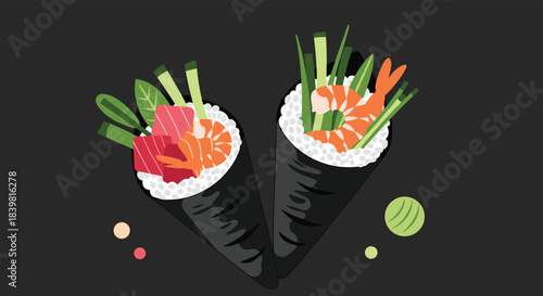 Stylized illustration of two fresh temaki sushi hand rolls, one with tuna and salmon, the other with shrimp, on a dark background.