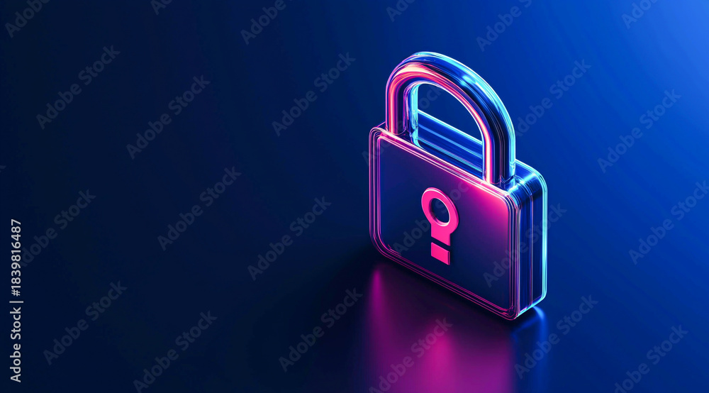 Fototapeta premium Cyber security neon padlock digital data protection internet safety background technology