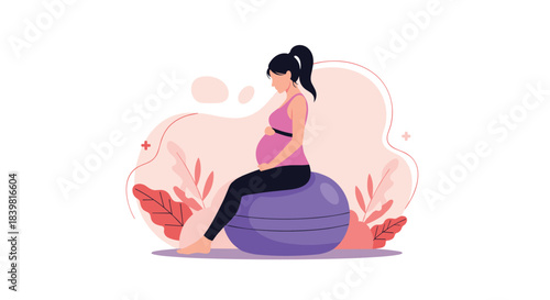A pregnant woman in activewear sits on a purple exercise ball, surrounded by decorative leaves and abstract shapes, symbolizing prenatal fitness and wellness.
