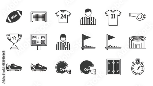 Collection of Sports Icons Equipment Uniforms and Officials for Game Day Graphics