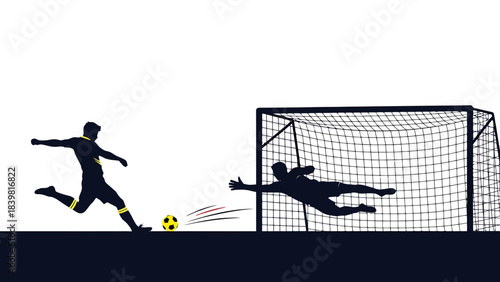 Athletic Silhouette of Soccer Player Kicking Ball Towards Goal Goalkeeper Diving to Save Shot