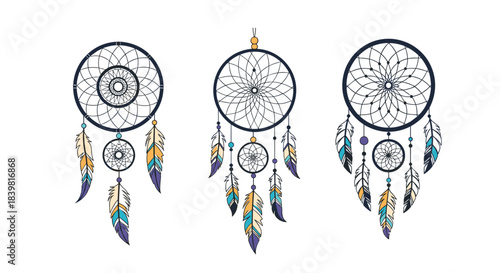 Three beautifully illustrated bohemian dreamcatchers with intricate webs and colorful feathers hang gracefully against a clean white background.