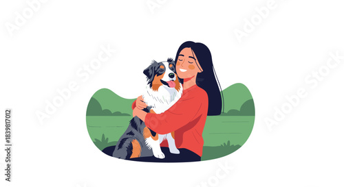 A happy woman affectionately embraces her beloved Australian Shepherd dog in a serene outdoor park setting.