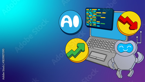AI trading and coding concept with cute robot and laptop on gradient tech background