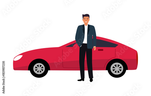 Businessman in suit standing with sport car. Man with luxury car. Vector illustration
