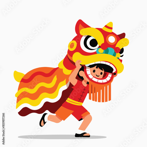 Cute Kid Performing Lion Dance Illustration