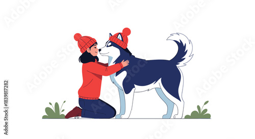 A cheerful young woman in a red beanie kneels to embrace her husky dog, who is also wearing a matching hat, sharing a tender moment outdoors.