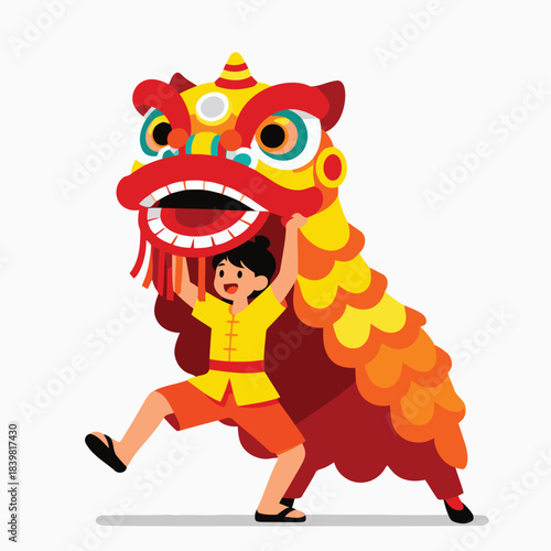 Cute Kid Performing Lion Dance Illustration