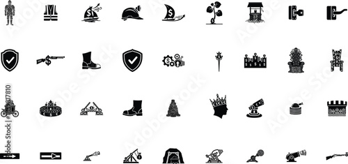 Black silhouettes depicting various historical weapons and medieval architectural elements