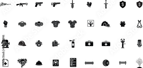 Collection of vintage weapon silhouettes including swords guns shields and medieval armor