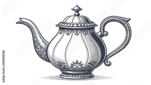 Elegant Vintage Teapot Silhouette Vector with Ornate Handle and Spout, Evoking Classic Afternoon Tea and Traditional Charm.
