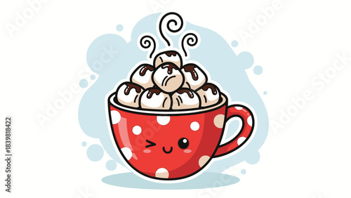 Sweet Treat Delight: An adorable cartoon of a steaming hot chocolate, overflowing with marshmallows, presented in a cheerful red mug. The simple scene exudes warmth and a childlike feeling.
