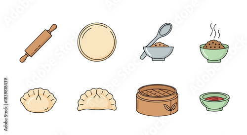 Dumpling making process icons with transparent background