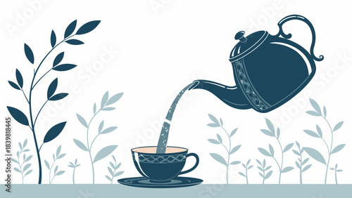 Teapot Pouring Hot Tea into a Cup Silhouette Vector - Minimalist Beverage Preparation Icon Design