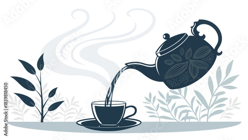 Teapot Pouring Hot Tea into a Cup Silhouette Vector - Minimalist Beverage Preparation Icon Design