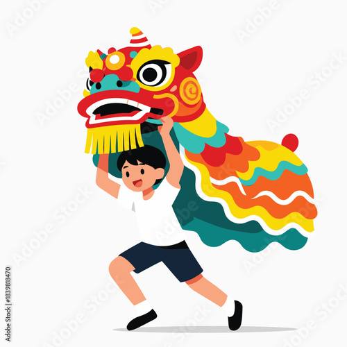 Cute Kid Performing Lion Dance Illustration