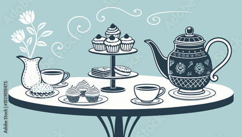 Delightful Tea Party Silhouette Vector with Teapot, Cups, and Pastries - Elegant Social Gathering Icon Design
