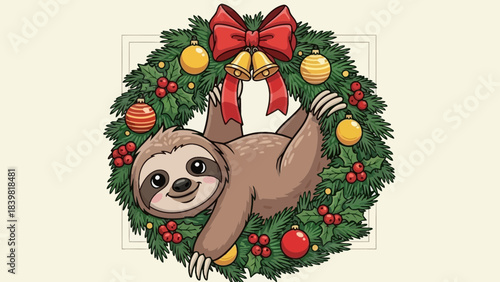 Festive Sloth Ornament: A charming sloth decorates a Christmas wreath, decorated with ornaments and a ribbon, adding a touch of humor and holiday cheer.