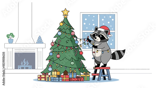 Festive Raccoon Decorating Christmas Tree: A cute raccoon, donning a festive santa hat, meticulously decorates a brightly lit christmas tree, setting a scene of winter cheer and holiday anticipation.