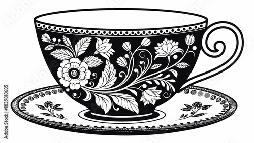 Elegant Decorative Teacup Silhouette Vector Icon with Floral Pattern Detail