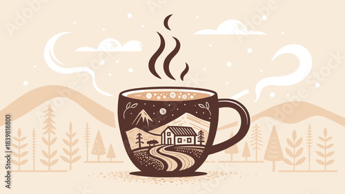 Simple Coffee Mug Silhouette Vector Icon with Rising Steam Lines, Hot Beverage Symbol
