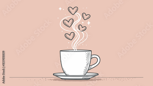 Elegant Ceramic Mug Silhouette Vector Icon with Heart-Shaped Steam, Love Concept