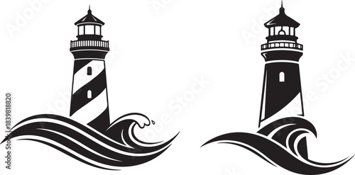 Vintage Lighthouse Logo Design Ocean Waves Silhouette.