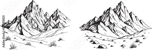 Hand-Drawn Mountain Range – Desert Landscape Sketch Vector.