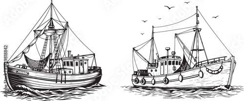 Vintage Fishing Boats Vector Hand-Drawn Trawler Illustrations