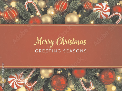 Horizontal red Merry Christmas and Happy New Year greeting card header banner in paper art style with snowy winter landscape snow covered trees for holiday message and festive background	